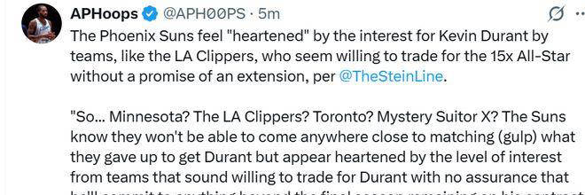 多伦多猛龙和洛杉矶快船秘密觊觎凯文-杜兰特,太阳备感兴奋